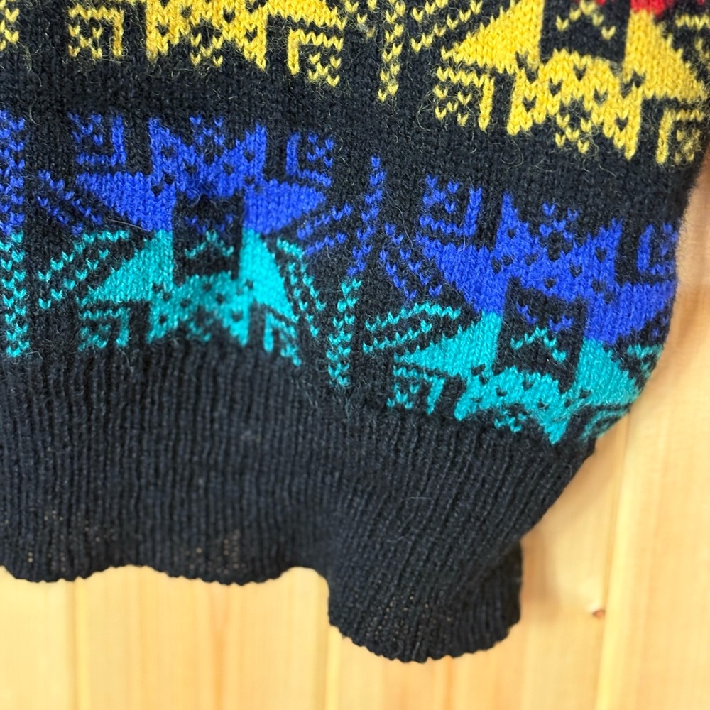 Vintage Cambridge Dry Goods Shetland Wool Black Rainbow Star Snowflake Sweater M - Picture 8 of 16